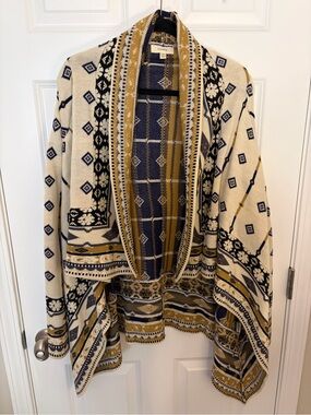 Buckle Freeway Cream, Navy & Mustard Patterned Open Shawl Cardigan Western Large